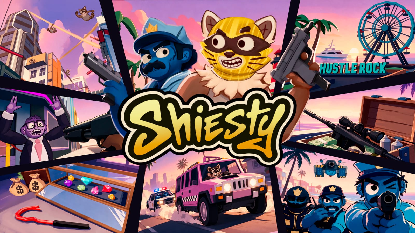 SHIESTY key art: a raccoon robber in a yellow ski mask, blue cops with crown badges, a pink SUV chased by police, jewels and cash, and the Hustle Rock boardwalk at sunset