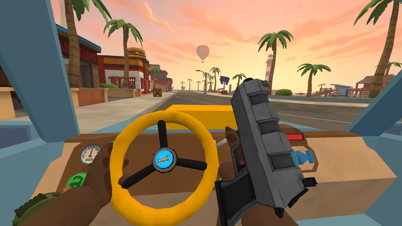 Driving down a palm-lined boulevard at sunset, one hand on a yellow steering wheel and one holding a pistol