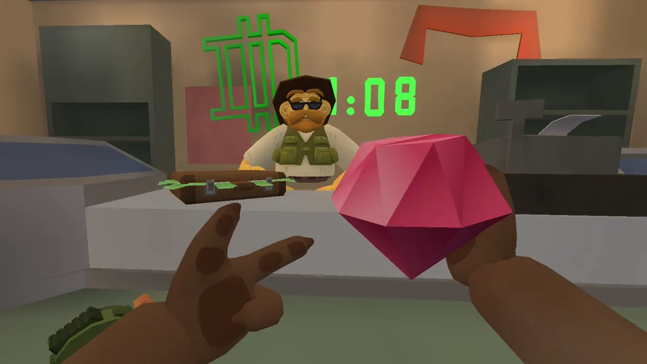 Handing a giant pink gem to a fence in sunglasses at the pawn shop counter