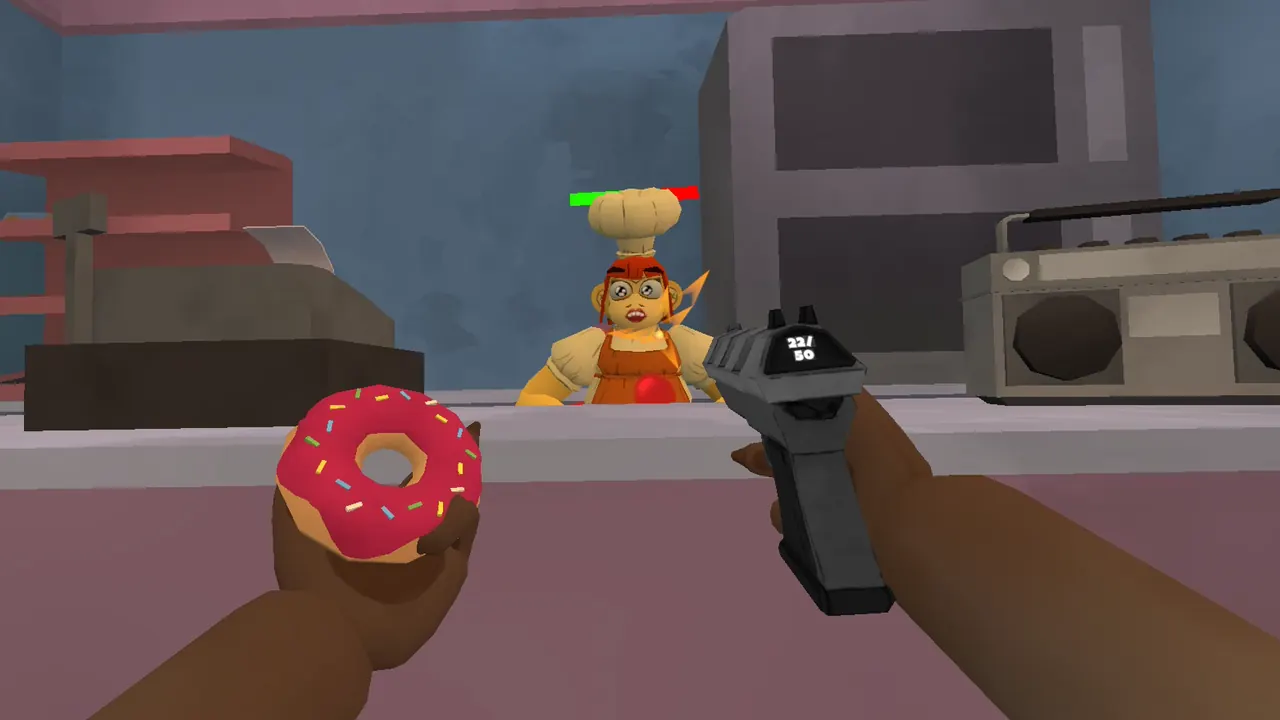 First-person view holding up a donut shop clerk while holding a pink sprinkled donut