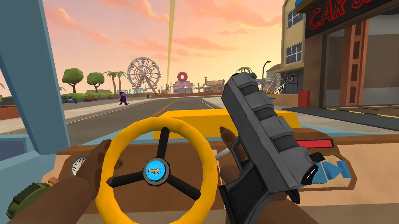 Cruising toward the Hustle Rock Ferris wheel and the giant donut sign