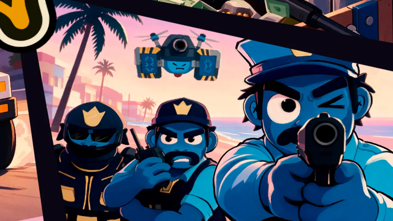 Key art panel: a squad of blue cartoon cops and a police drone closing in on the boardwalk